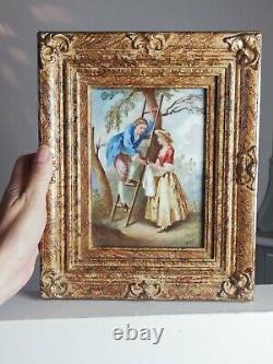 Antique painting on porcelain, gallant scene signed