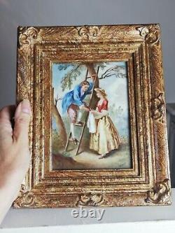 Antique painting on porcelain, gallant scene signed