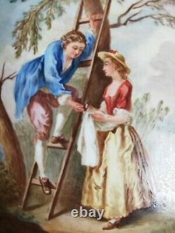 Antique painting on porcelain, gallant scene signed