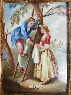 Antique painting on porcelain, gallant scene signed