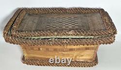 Antique straw marquetry box, 18th century, tomb-shaped, checkerboard, folk art
