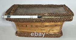 Antique straw marquetry box, 18th century, tomb-shaped, checkerboard, folk art