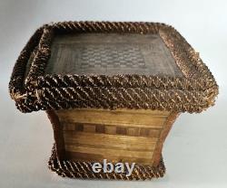 Antique straw marquetry box, 18th century, tomb-shaped, checkerboard, folk art
