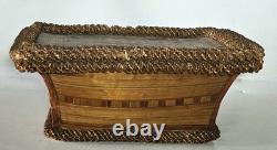 Antique straw marquetry box, 18th century, tomb-shaped, checkerboard, folk art