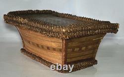 Antique straw marquetry box, 18th century, tomb-shaped, checkerboard, folk art