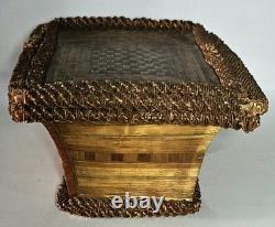 Antique straw marquetry box, 18th century, tomb-shaped, checkerboard, folk art