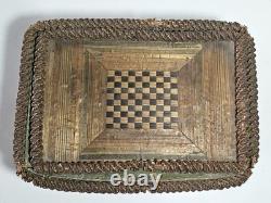 Antique straw marquetry box, 18th century, tomb-shaped, checkerboard, folk art