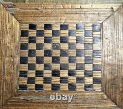Antique straw marquetry box, 18th century, tomb-shaped, checkerboard, folk art