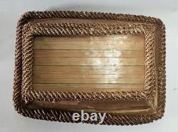 Antique straw marquetry box, 18th century, tomb-shaped, checkerboard, folk art