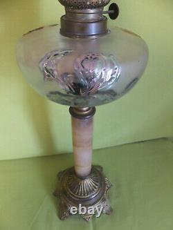 Around 1900 Large Petroleum Lamp Albatre Foot With Glass Body Iris