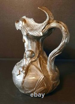 Art Nouveau pewter pitcher signed H. Huppé (1855–1904)