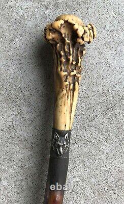 Beautiful Cane Carved In Silver Wolf Deer Wood
