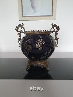 Beautiful Navy Blue Enamel Cache Pot, mounted in Bronze, late 19th century