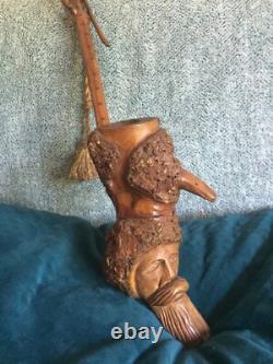 Big carved wooden pipe with sculpted head, popular art, trench art, outsider art