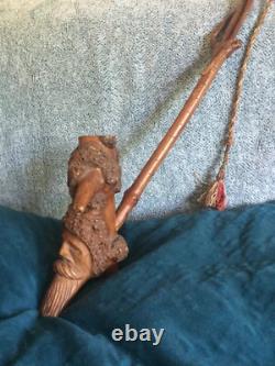 Big carved wooden pipe with sculpted head, popular art, trench art, outsider art