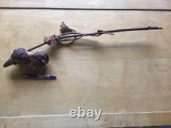 Big carved wooden pipe with sculpted head, popular art, trench art, outsider art