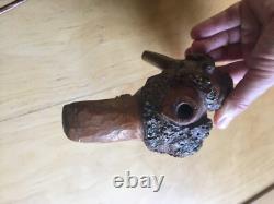 Big carved wooden pipe with sculpted head, popular art, trench art, outsider art
