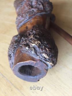 Big carved wooden pipe with sculpted head, popular art, trench art, outsider art