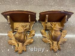 Black Forest 19th S Pair Consoles Applied Tetes Wolves Art Popular Wood