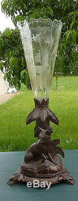 Black Forest Vase Carved Wooden Foot, Engraved Crystal Tulip. 19th Century