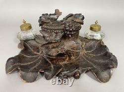 Black Forest antique carved wooden inkwell Late 19th / Early 20th Century Pecking bird