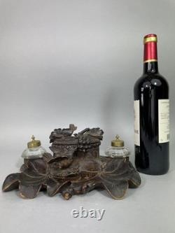 Black Forest antique carved wooden inkwell Late 19th / Early 20th Century Pecking bird