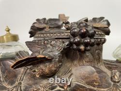 Black Forest antique carved wooden inkwell Late 19th / Early 20th Century Pecking bird