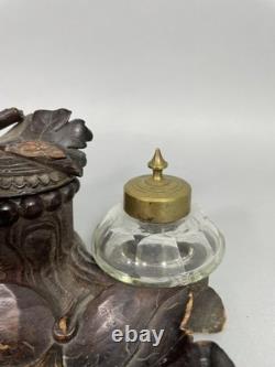 Black Forest antique carved wooden inkwell Late 19th / Early 20th Century Pecking bird