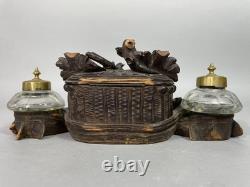 Black Forest antique carved wooden inkwell Late 19th / Early 20th Century Pecking bird