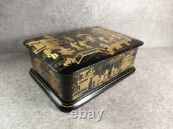 Black Lacquered Wooden Chest Box. Hand-Painted Gilt Decoration. Figures. China, 19th Century