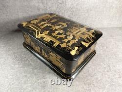 Black Lacquered Wooden Chest Box. Hand-Painted Gilt Decoration. Figures. China, 19th Century
