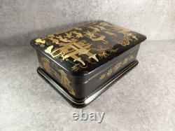 Black Lacquered Wooden Chest Box. Hand-Painted Gilt Decoration. Figures. China, 19th Century