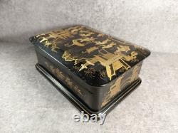 Black Lacquered Wooden Chest Box. Hand-Painted Gilt Decoration. Figures. China, 19th Century