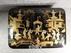 Black Lacquered Wooden Chest Box. Hand-Painted Gilt Decoration. Figures. China, 19th Century