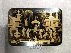Black Lacquered Wooden Chest Box. Hand-Painted Gilt Decoration. Figures. China, 19th Century