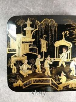 Black Lacquered Wooden Chest Box. Hand-Painted Gilt Decoration. Figures. China, 19th Century