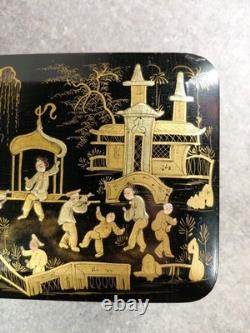Black Lacquered Wooden Chest Box. Hand-Painted Gilt Decoration. Figures. China, 19th Century