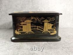 Black Lacquered Wooden Chest Box. Hand-Painted Gilt Decoration. Figures. China, 19th Century Black Lacquered Wooden Chest Box. Hand-Painted Gilt Decoration. Figures. China, 19th Century