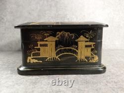 Black Lacquered Wooden Chest Box. Hand-Painted Gilt Decoration. Figures. China, 19th Century