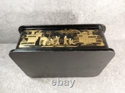 Black Lacquered Wooden Chest Box. Hand-Painted Gilt Decoration. Figures. China, 19th Century