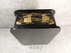 Black Lacquered Wooden Chest Box. Hand-Painted Gilt Decoration. Figures. China, 19th Century