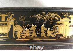 Black Lacquered Wooden Chest Box. Hand-Painted Gilt Decoration. Figures. China, 19th Century