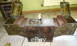 Box, Necessary Box Shoe Polisher Ottoman Persian Copper, Wood And Mother-of-pearl