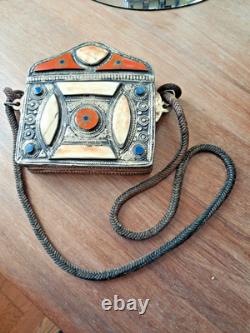 Brass and metal Quran stand, with bone plaque inlay and cord<br/>