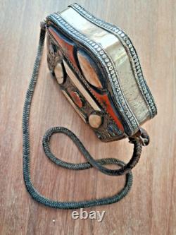 Brass and metal Quran stand, with bone plaque inlay and cord<br/>
