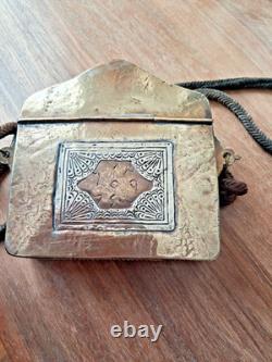Brass and metal Quran stand, with bone plaque inlay and cord<br/>
