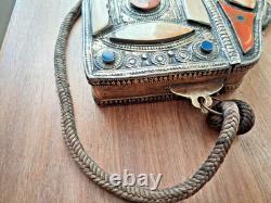 Brass and metal Quran stand, with bone plaque inlay and cord
<br/>