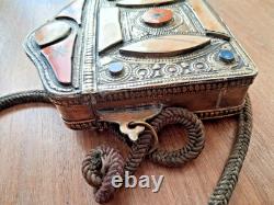 Brass and metal Quran stand, with bone plaque inlay and cord<br/>
