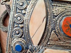 Brass and metal Quran stand, with bone plaque inlay and cord<br/>