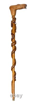 CARVED WOODEN CANE SERPENT LIZARD BIRD CHAMOIS Folk Art